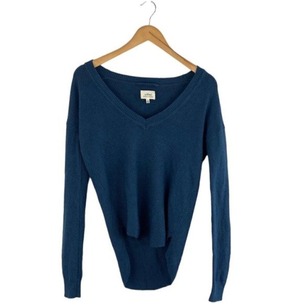 Aritzia Wilfred Galois Silk Cashmere V Neck Sweater Blue Teal Pullover US XXS